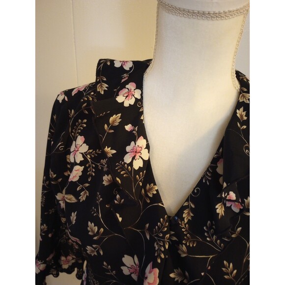 Y2K Ruffle Blouse Shirt 8P Black Floral Button Front Whimsigoth Cottagecore - Picture 6 of 10